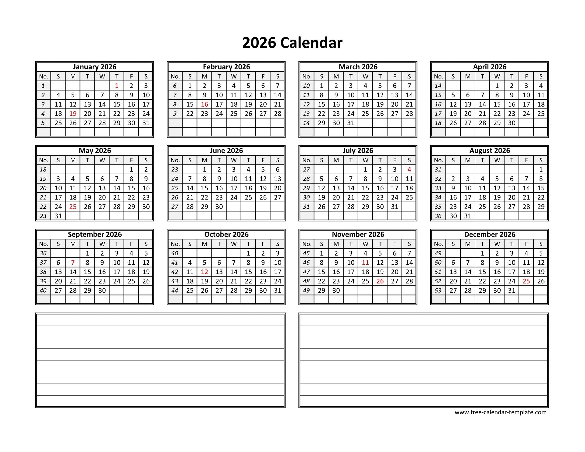 Yearly 2026 Calendar Printable With Space For Notes Free calendar template Yearly 2026 Calendar Printable With Space For Notes Free calendar template