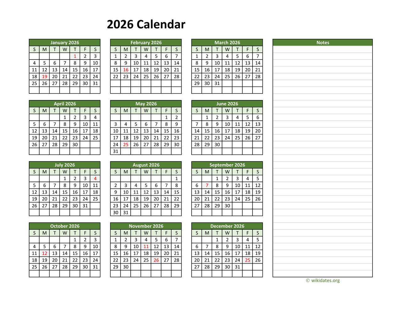 Yearly Printable 2026 Calendar With Notes WikiDates Yearly Printable 2026 Calendar With Notes WikiDates
