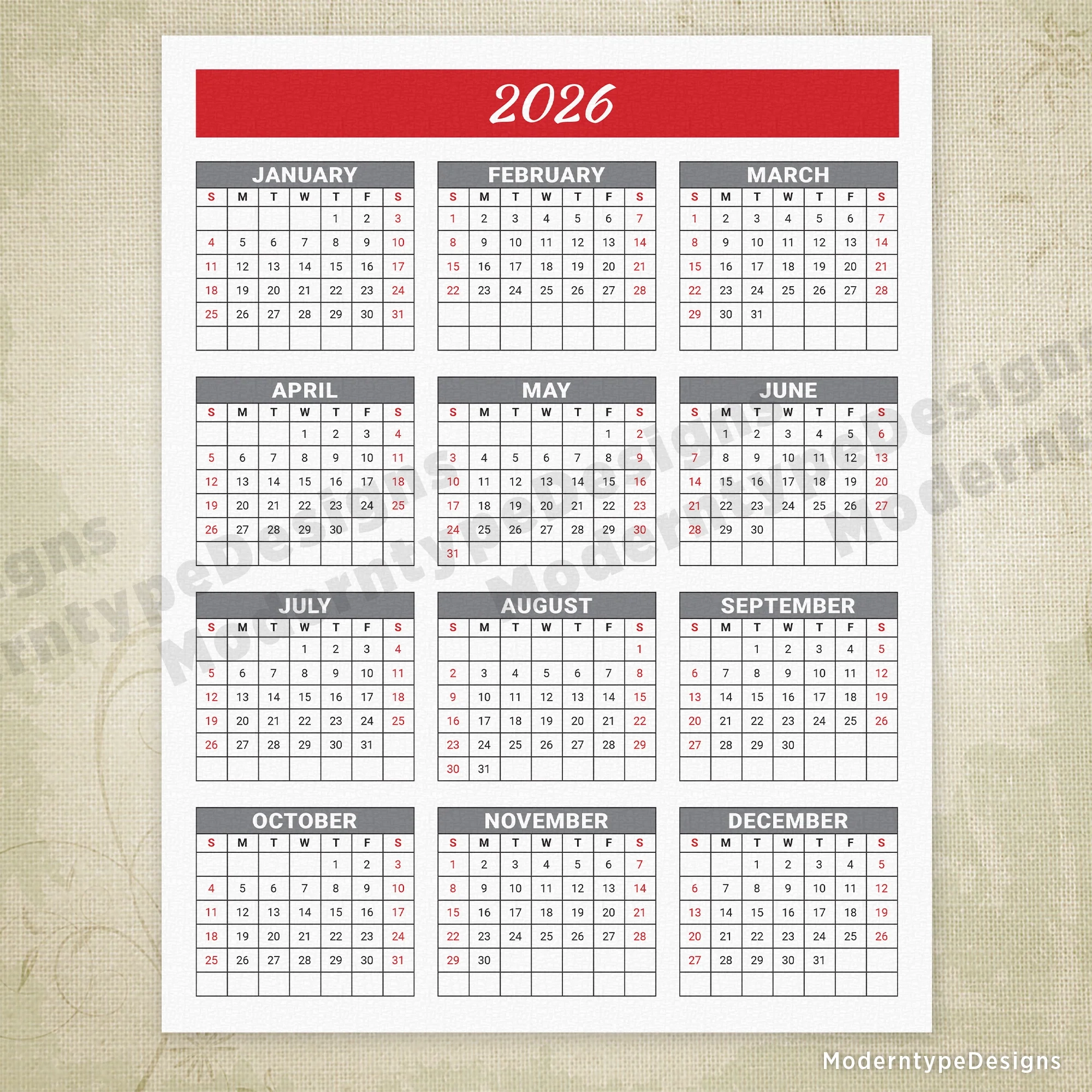 Yearly Printable Calendar Red Header With Grid Yearly Printable Calendar Red Header With Grid