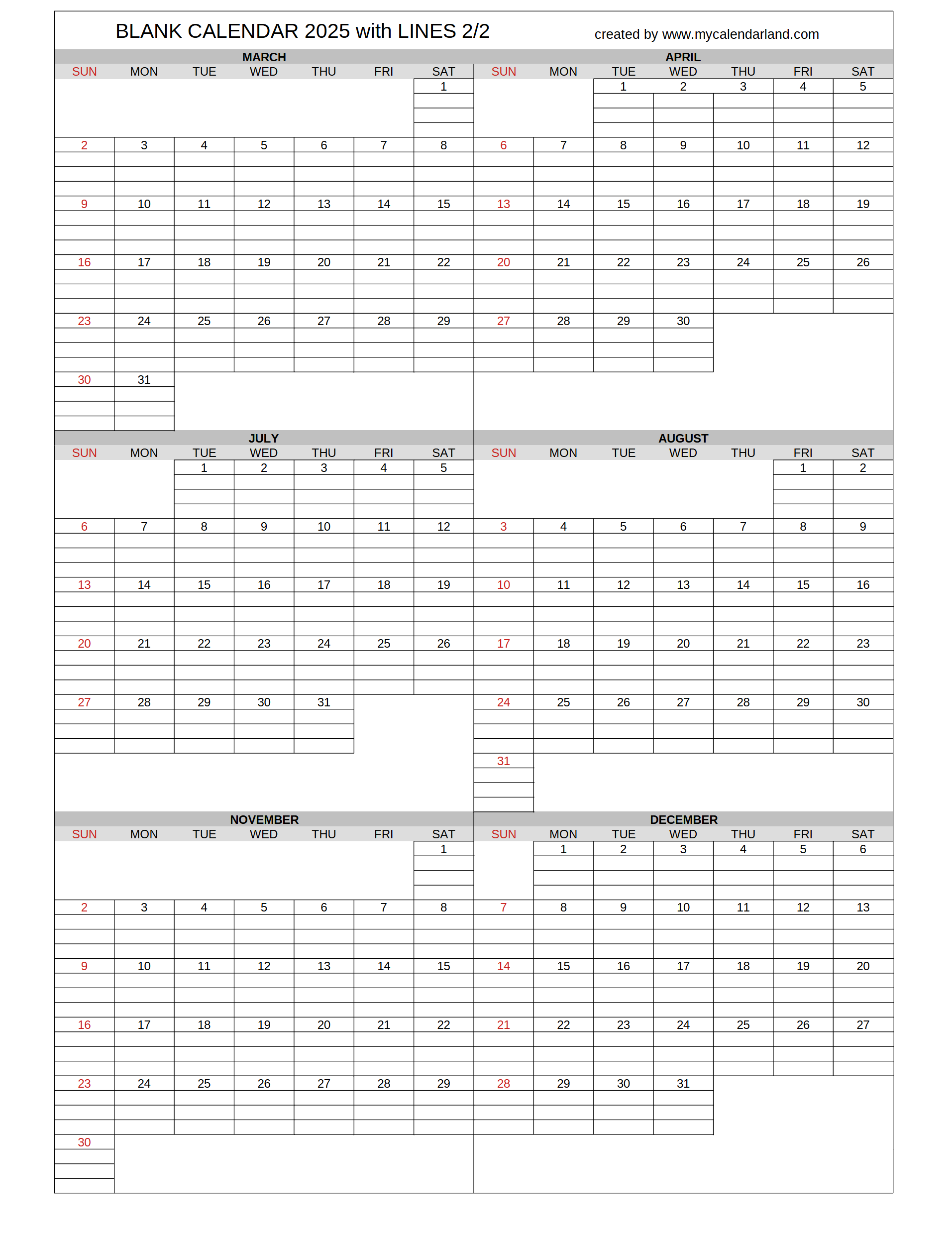 Blank Printable 2025 Calendars